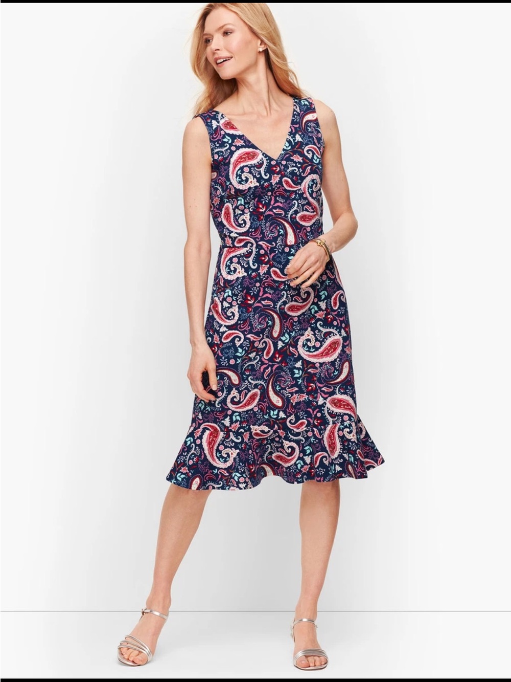 *Talbots Petite Medium Navy Watercolor Paisley Fit & Flare Flounce Hem Dress #IR